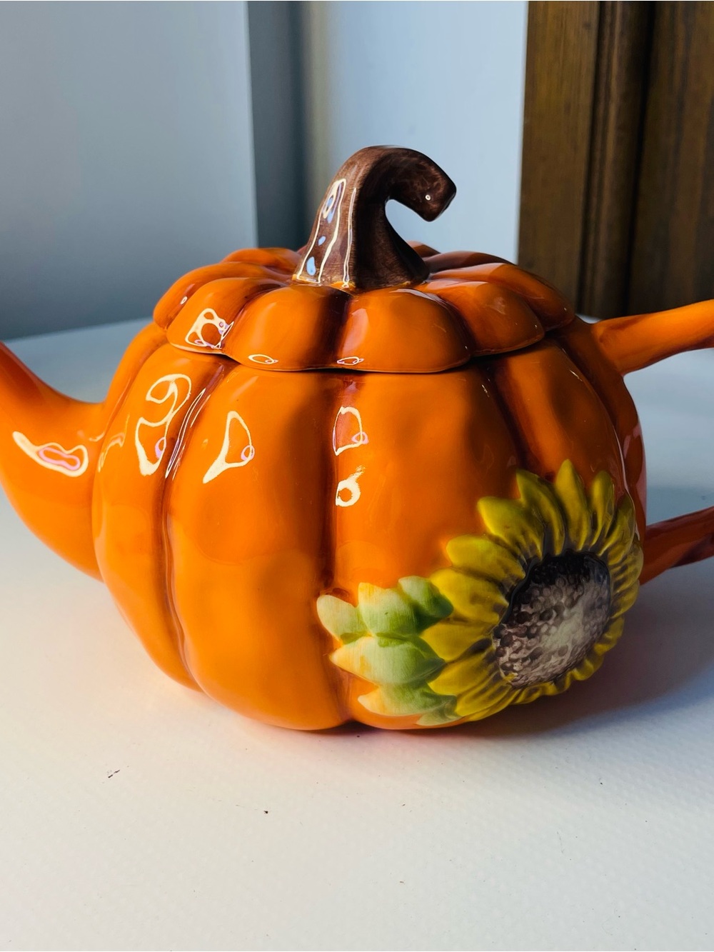 Autumn Harvest Ceramic Pumpkin Teapot withHand Painted Sunflower Accent - Orange